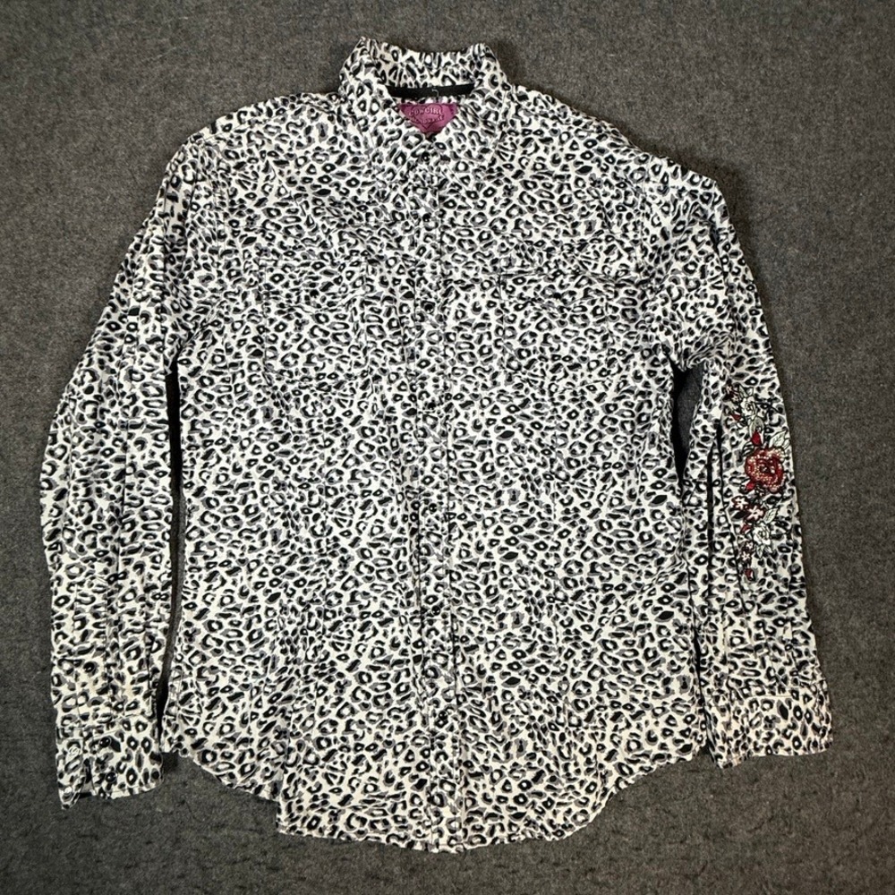 Cowgirl Hardware Leopard‎ Print Western Shirt Rose Embroidery Rhinestone Grey XL